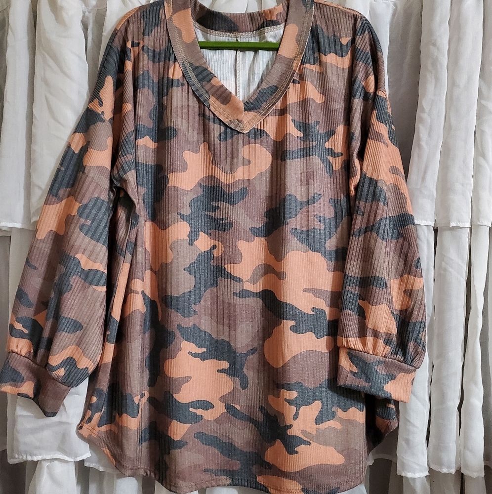 Pink Camo Ribbed V Neck Top